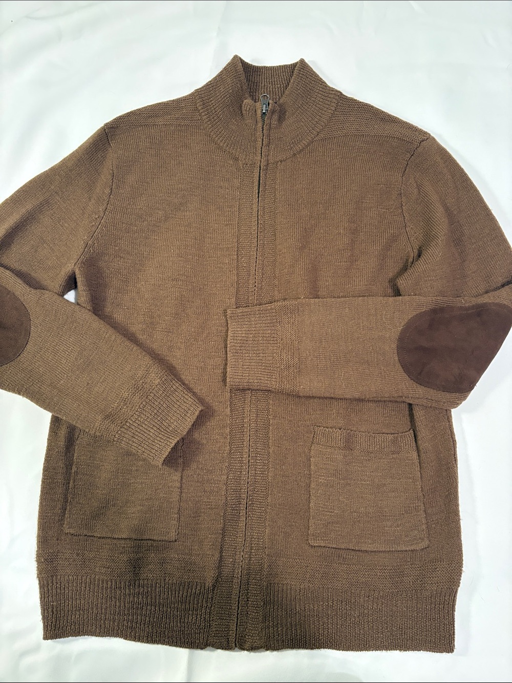 J. Crew Coffee Merino Zip-Front Elbow Patch Sweater Size L